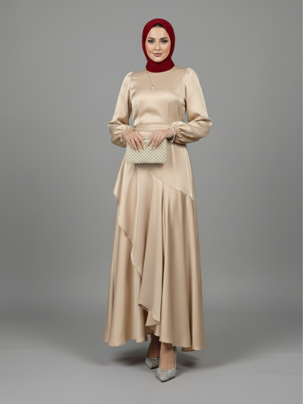 Thumbnail: Model wearing Jasmine Celeste Dress in beige