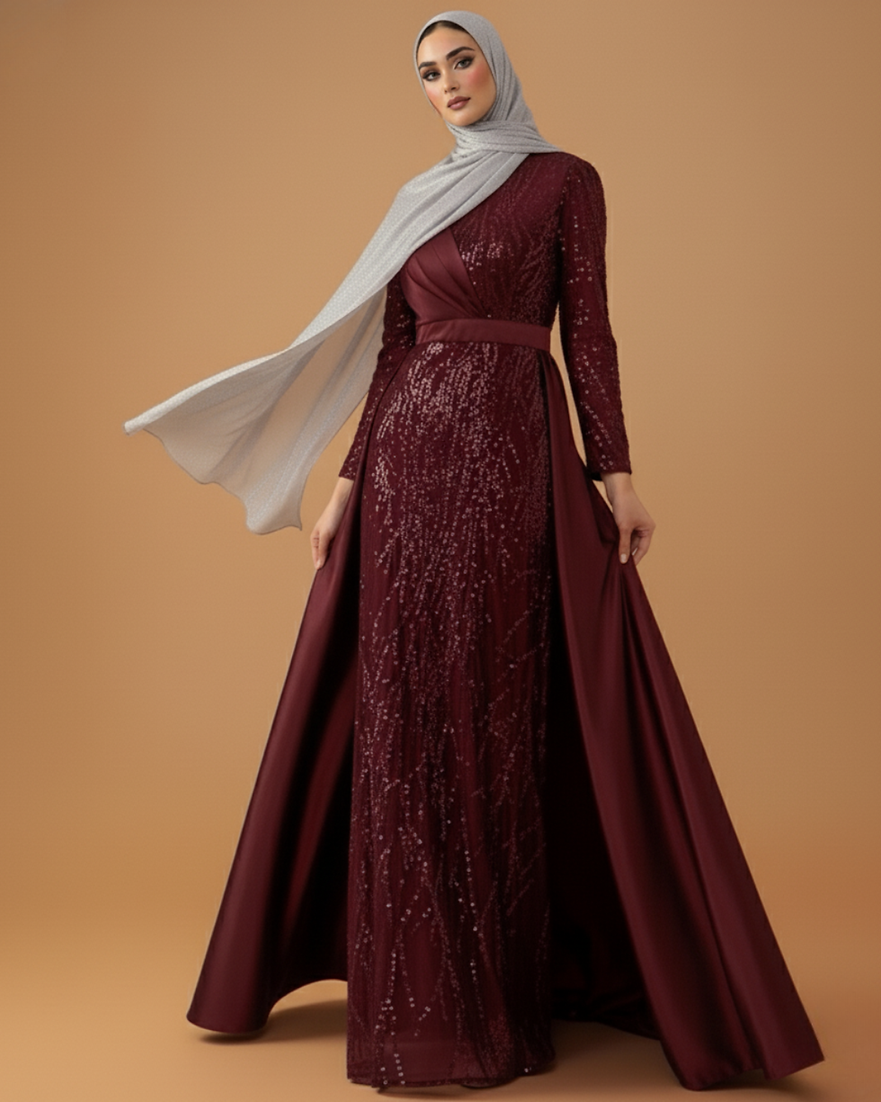Model wearing Lujain Celeste Gown in burgundy