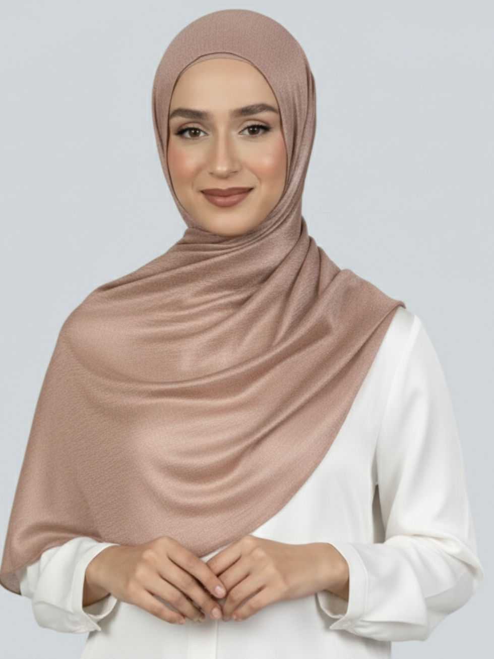 Model wearing chestnut brown shimmery hijab