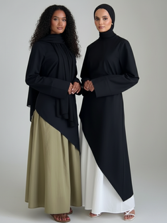 two women, one hijbai wearing a top and skirt set