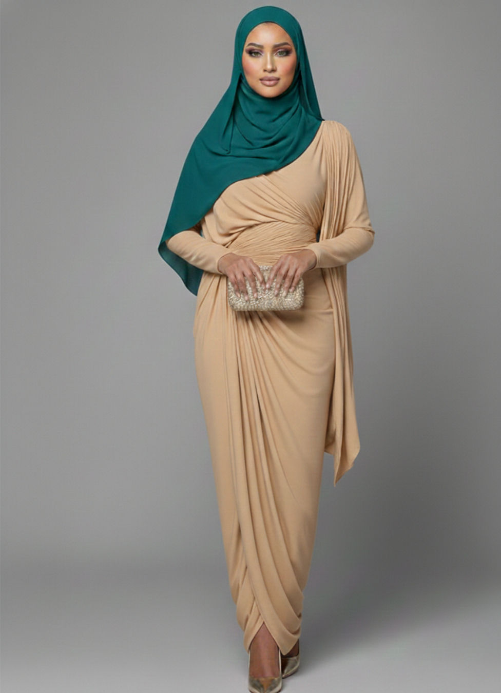 Model wearing Dalia Bodycon dress in beige