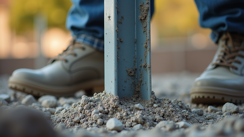 Close-up view of a metal fence post being secured in concrete during installation