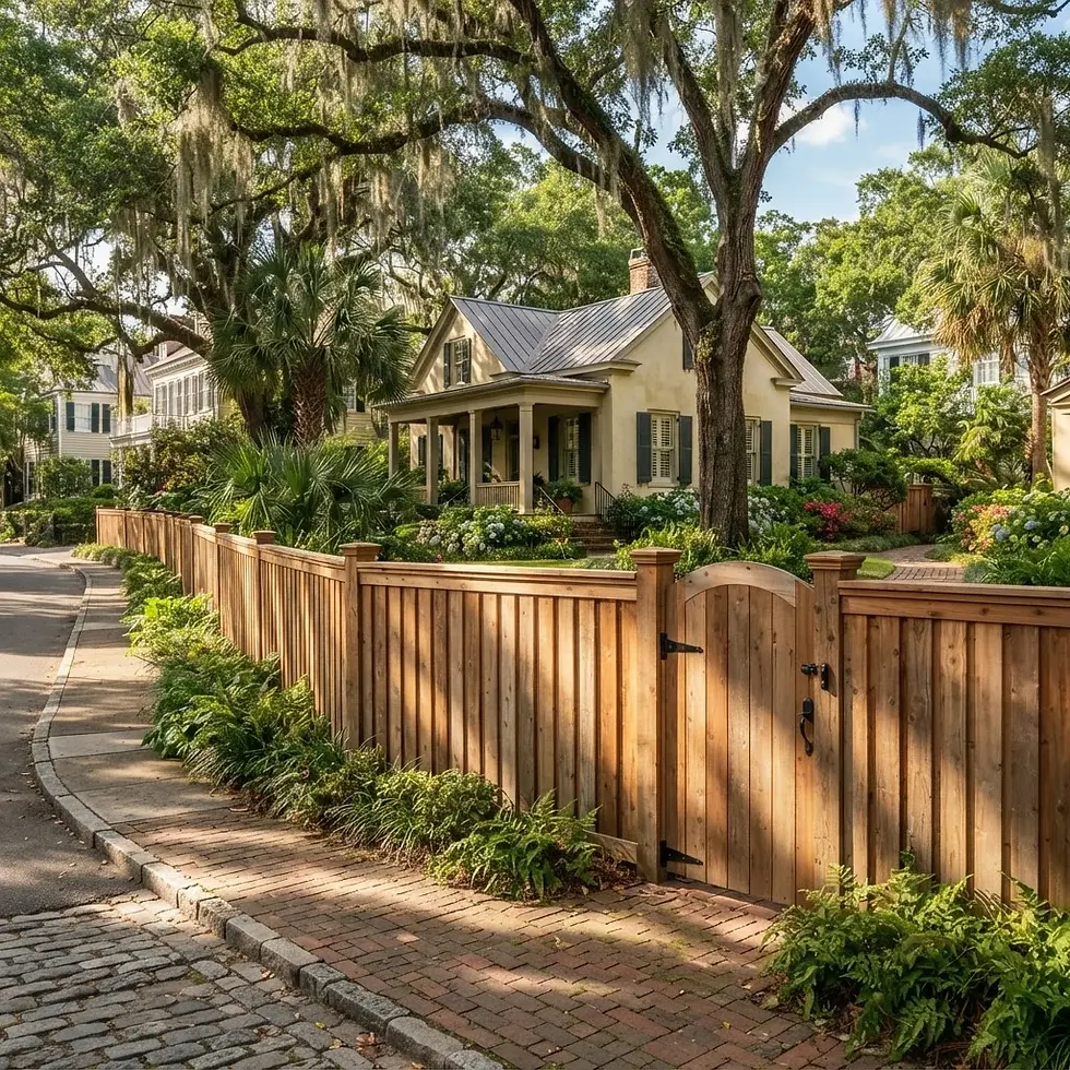Outdoor photography of a charming cottage nestled behind a wooden picket fence. Large, Spanish moss-draped oak trees cast dappled shadows, creating a serene and idyllic Southern atmosphere.