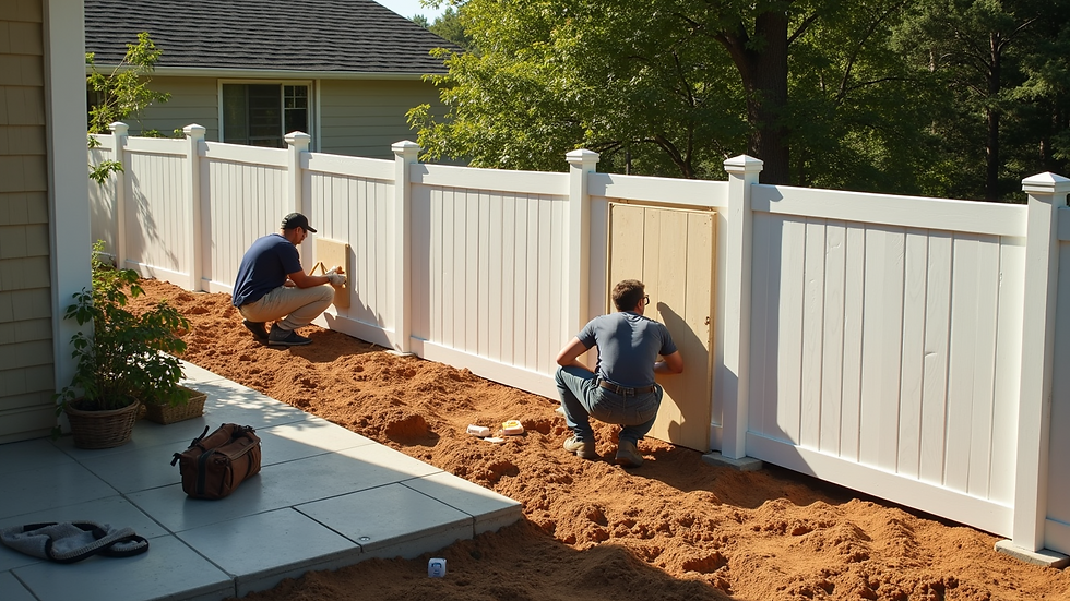 High angle view of a vinyl fence installation in progress on a sunny day