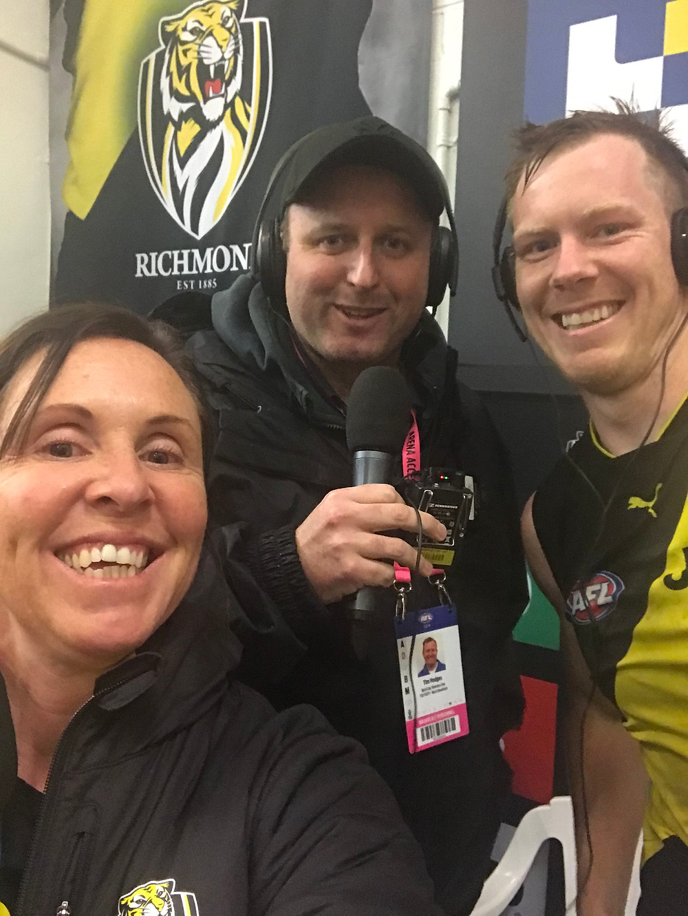 Celebrating a win with Fox Footy producer Tim Hodges and vice captain Jack Riewoldt.