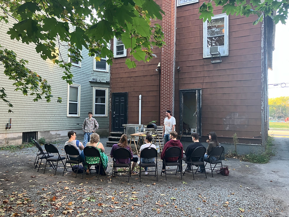 Sing for Your Supper! – performances for pizza, part of DaPoPo's Live-In Festival 2025. Standing: James Thornton and Trevor Poole. 