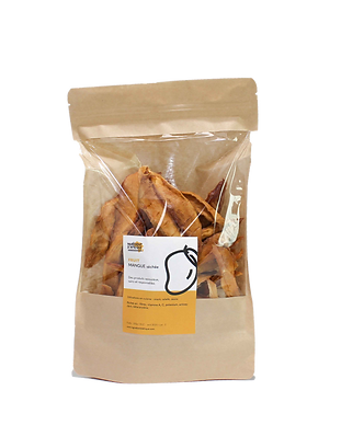 Photo d'un paquet (en papier avec partie transparente) de mangues séchées