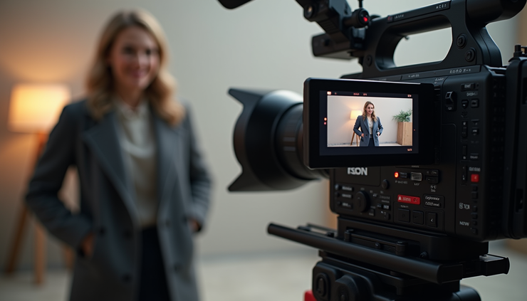 Eye-level view of a television camera filming a documentary interview with a celebrity ambassador