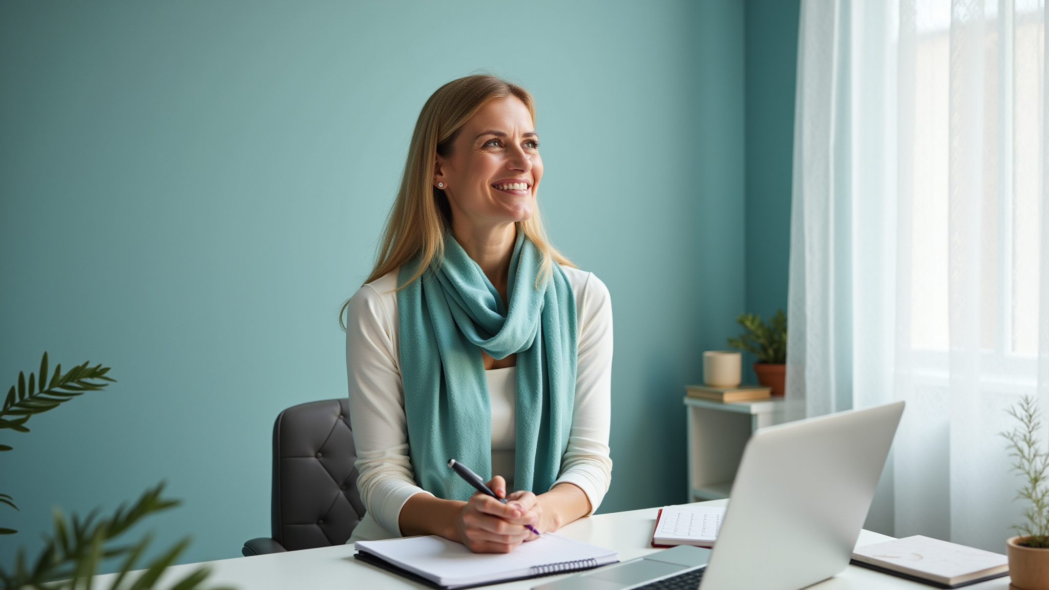 Smiling woman writing notes at desk