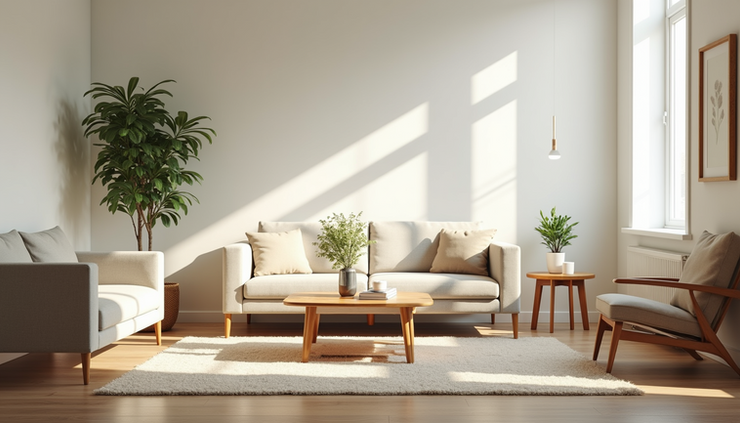 Eye-level view of a clean and organized living room with accessible furniture and clear walkways