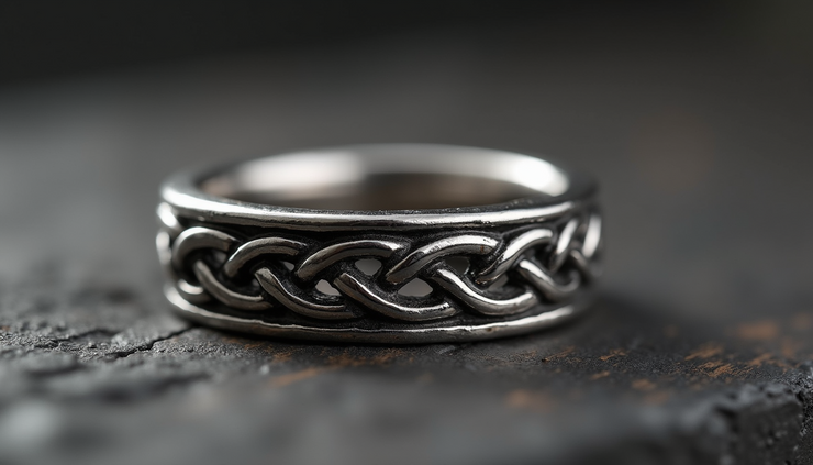 Close-up view of a silver ring featuring a detailed Celtic knot design
