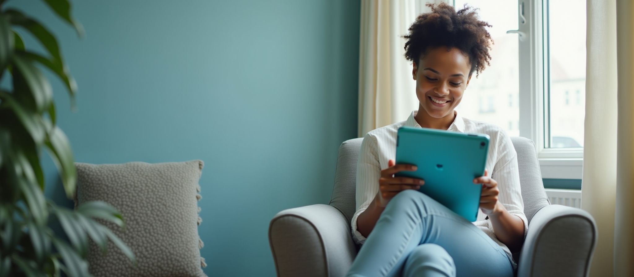 Smiling woman using teal tablet in comfy chair