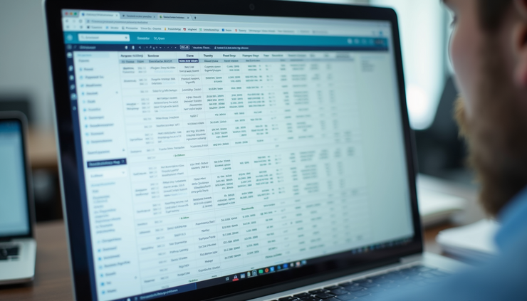 Eye-level view of a computer screen showing a spreadsheet with multiple tabs open, focusing on data entry and summary formulas