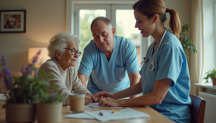 Eye-level view of a caregiver assisting an elderly person in a home setting