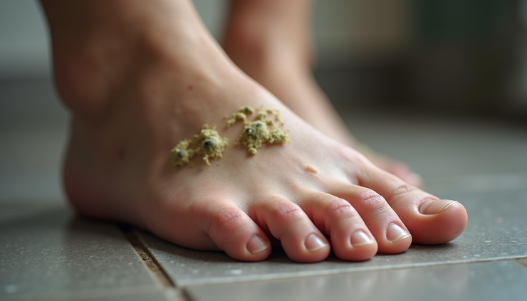 Close-up view of foot skin showing signs of fungal infection and maceration