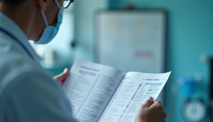 Eye-level view of a physician reviewing a patient’s medical chart with diagnostic codes