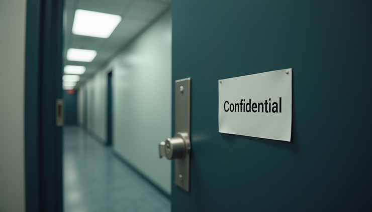Eye-level view of a closed door with a "Confidential" sign