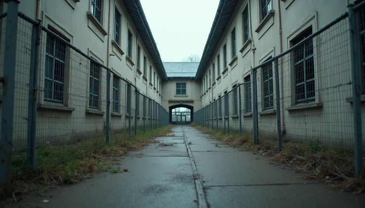 Eye-level view of a closed institutional building with barred windows and a fenced perimeter