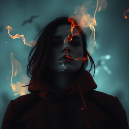 Woman in red hoodie with fire and smoke swirling around her face. Dark, moody background with blurred birds. Mysterious atmosphere.