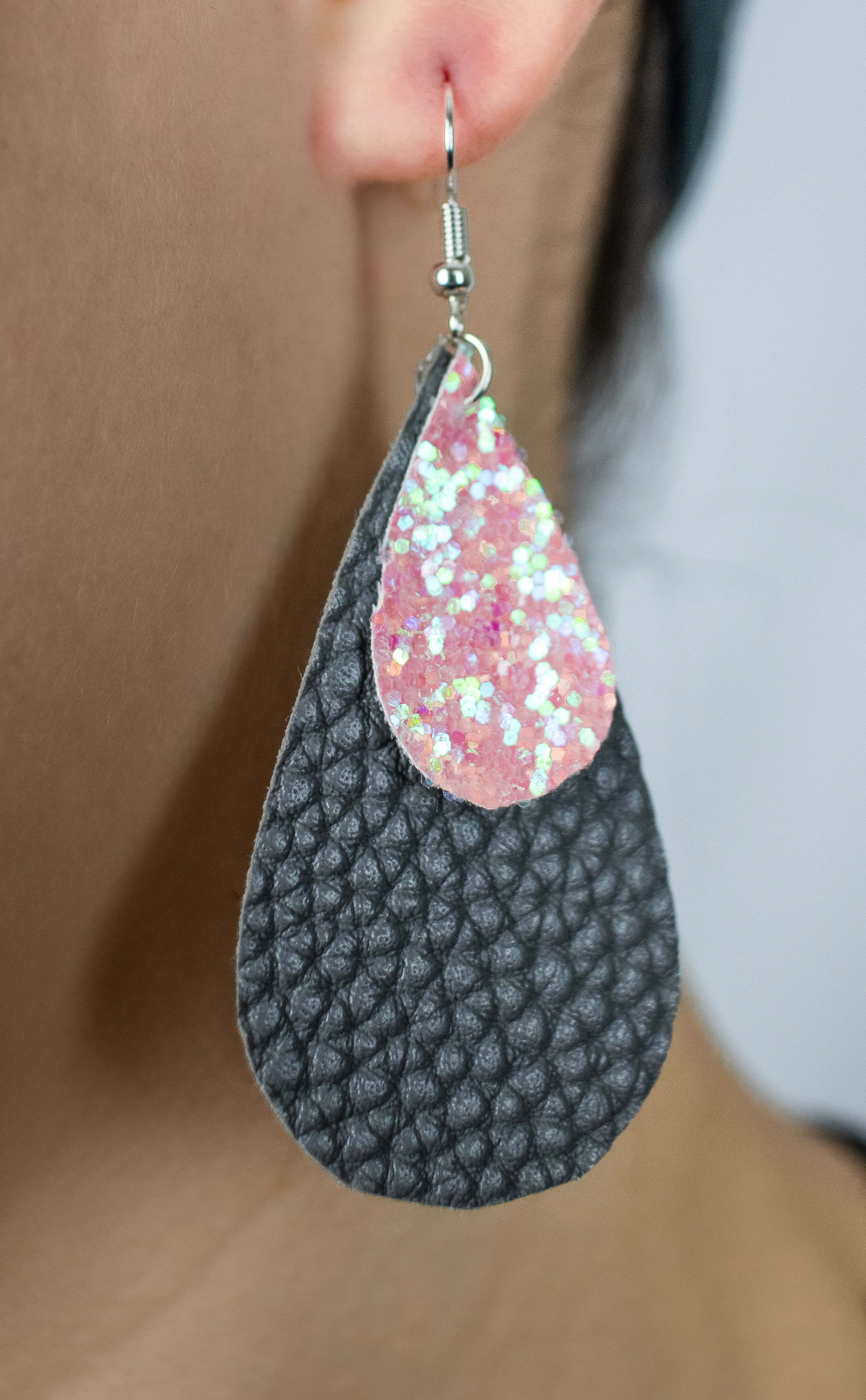 Grey and Pink Leather Earrings