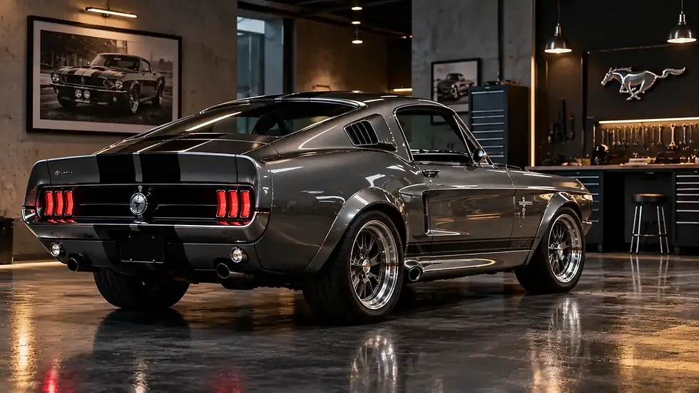 Gray Eleanor Mustang-inspired fastback viewed from the rear in a workshop