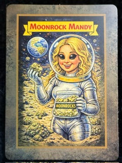 Moonrock Mandy adult collectible trading card #01/25 from the CannaLife Misfits Founder Series featuring original cannabis-inspired artwork.