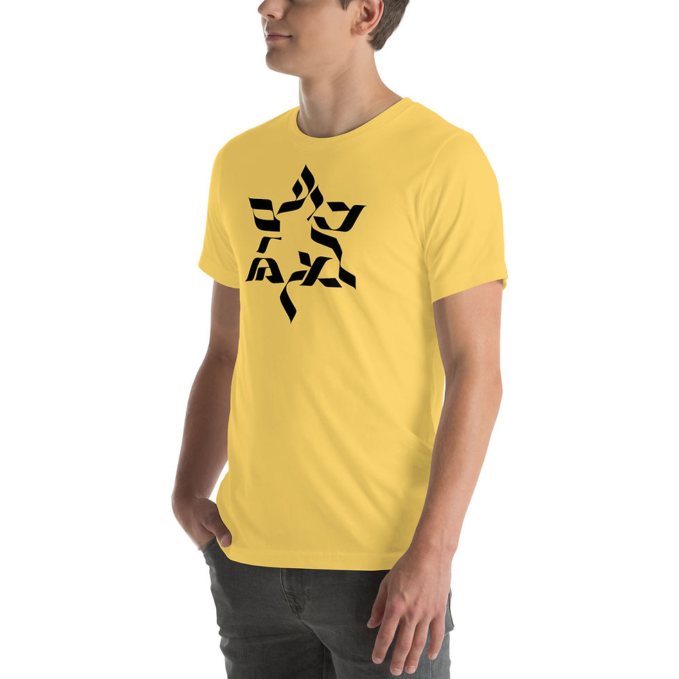 Thumbnail: Unisex t-shirt with black star of David that says "Am Israel Chai" in Hebrew