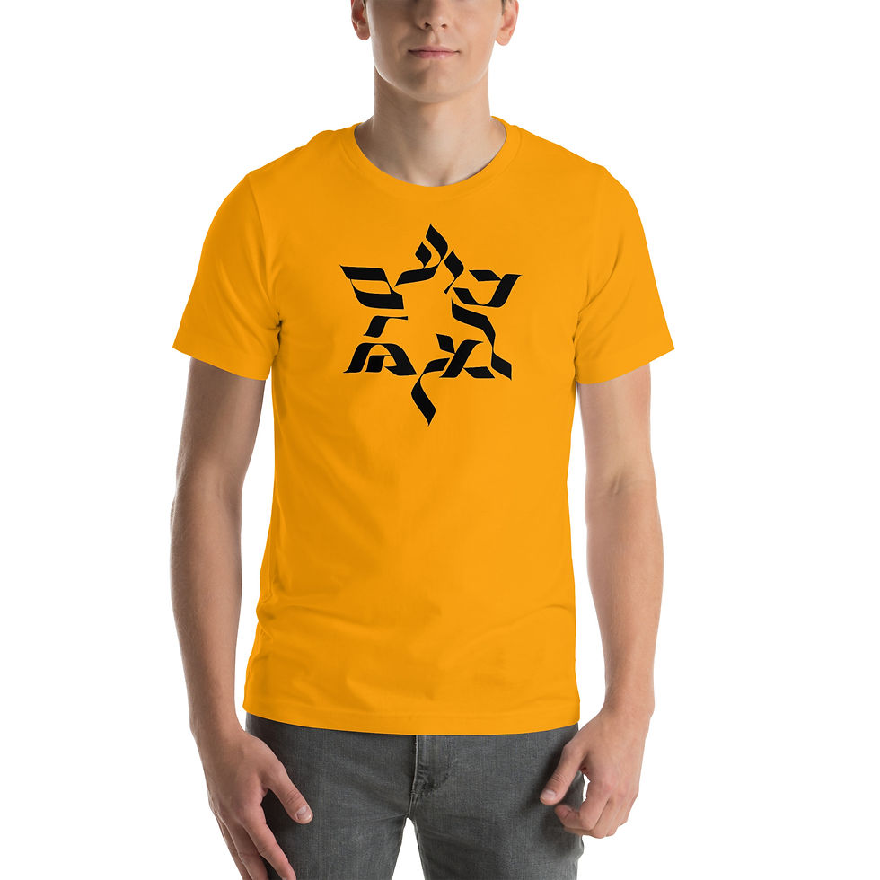 Thumbnail: Unisex t-shirt with black star of David that says "Am Israel Chai" in Hebrew