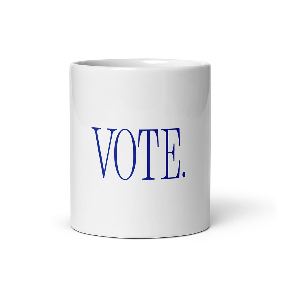 Vote. Mug – Minimalist White Ceramic Coffee Cup with Blue Text