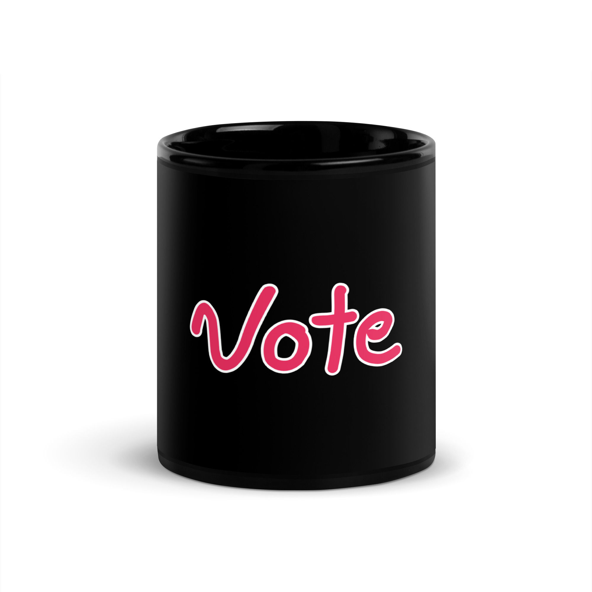 Vote Coffee Mug – Black Ceramic Glossy Cup with Red Script 