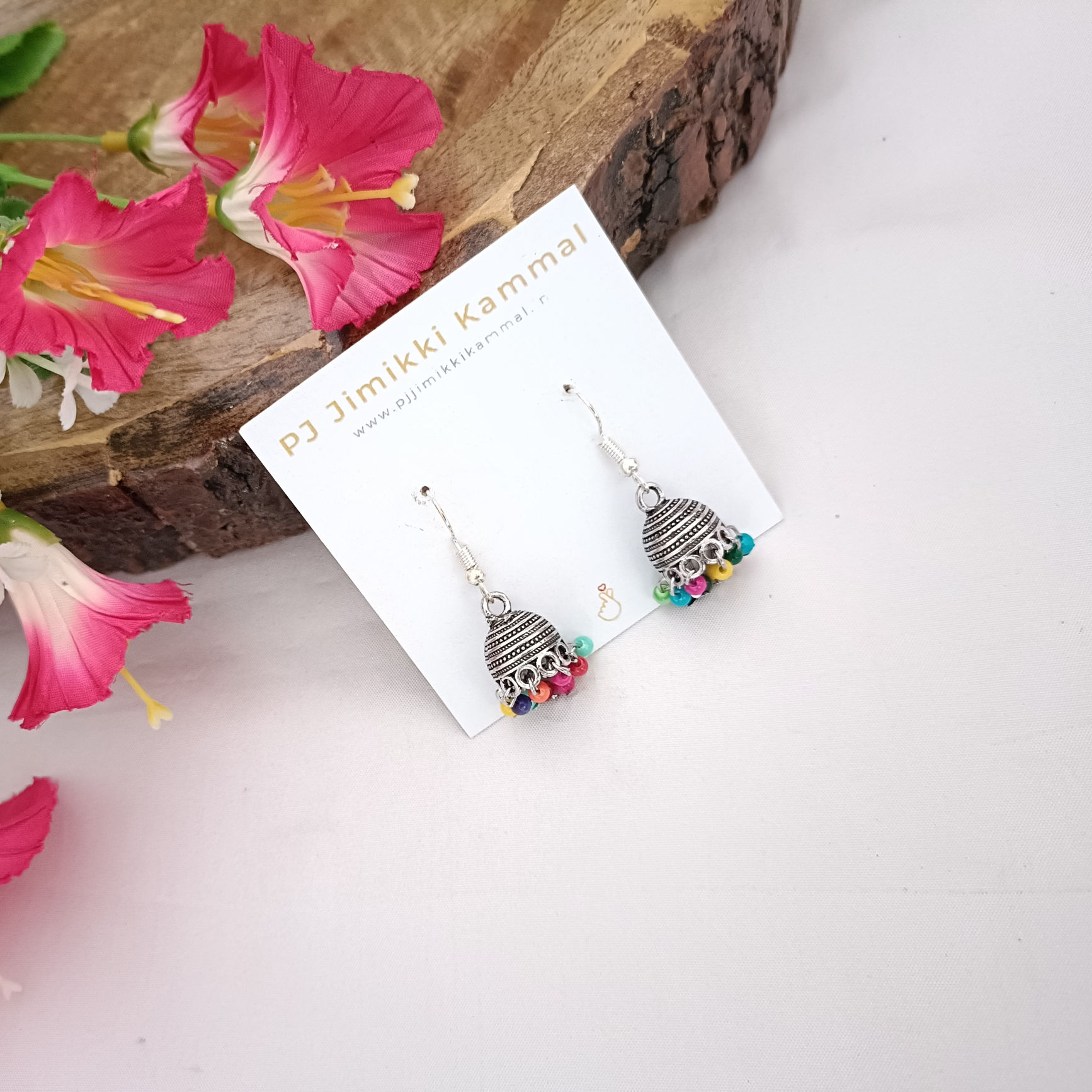 Silver Toned Multi Colour Drop Beads Jhumki Earrings