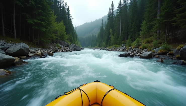 Wide angle view of a raft navigating a rapid on the Big South Fork River surrounded by forest