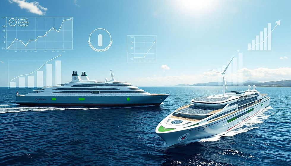 A futuristic maritime scene illustrating the concept of energy efficiency in shipping, featuring sleek, modern cargo ships with eco-friendly designs, wind turbines on deck, solar panels integrated into the hull, and a clear blue ocean under a bright sky