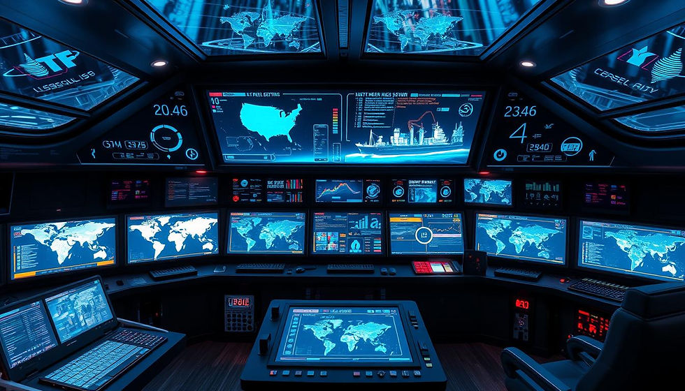 A state-of-the-art command center aboard a modern cargo ship features advanced cybersecurity systems, with glowing screens displaying maritime maps, ship routes, and network security graphics, enhanced by digital interfaces and holographic projections.