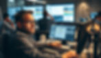 Navigating the complexities of a PMS system, a focused professional analyzes data on multiple screens in a busy workspace