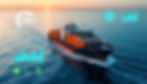 A high-tech cargo ship sails through the ocean at sunset, with digital performance analytics and efficiency metrics displayed