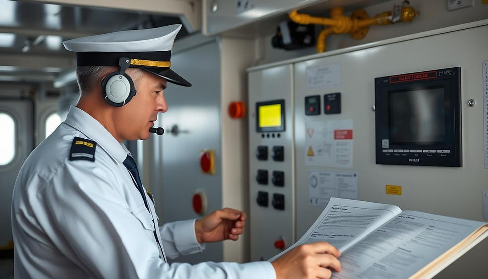 A ship's officer reviews Ballast Water Management records while cross-referencing data on the control panel for accuracy and compliance.