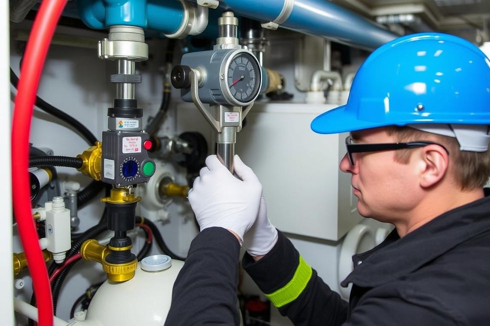 A ship's engineer meticulously examines the instruments of a Ballast Water Management System onboard, ensuring operational efficiency and compliance.