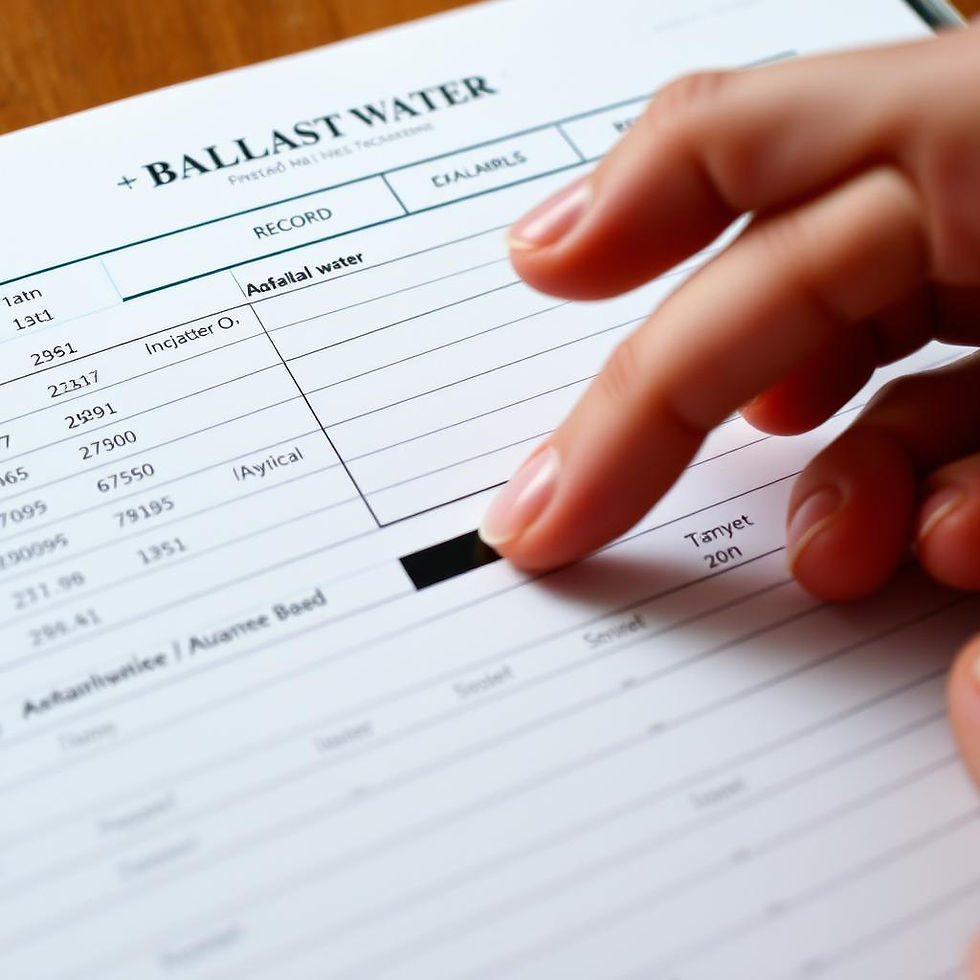 Organizing essential data, a hand reviews entries in a Ballast Water management record, focusing on accurate documentation for compliance and environmental safety.