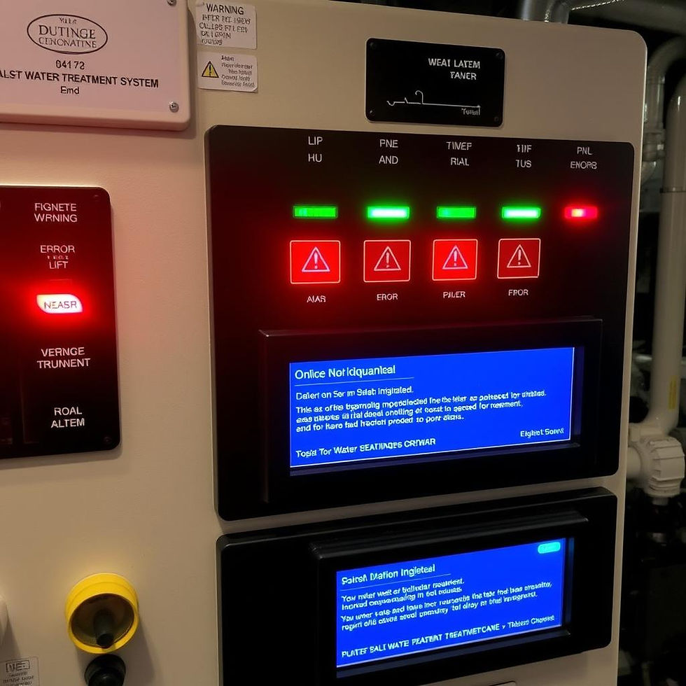 Control panel of a Ballast Water Management System displaying operational alerts and system status on digital screens, featuring warning indicators and detailed instructions on managing ballast water treatment processes.