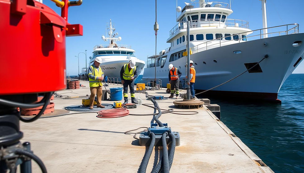 Workers in safety gear conduct a thorough inspection of mooring lines on a sunlit dock, with marine vessels anchored in the background and specialized monitoring equipment in operation.