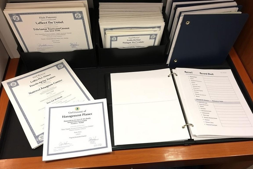 Certificates and record-keeping materials are neatly organized in a maritime office, highlighting the meticulous management of ballast water documentation.