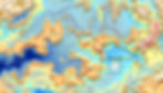 A colorful and detailed depiction of an old-style marine navigation map featuring a complex network of seas, bays, and landforms, with intricate coastlines and depth contours highlighted in various shades.