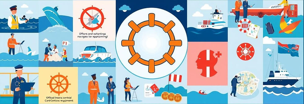 A visually engaging representation of the STCW certification requirements, featuring diverse maritime scenes of officers and ratings in various training scenarios, such as safety drills, navigation classes, and survival training