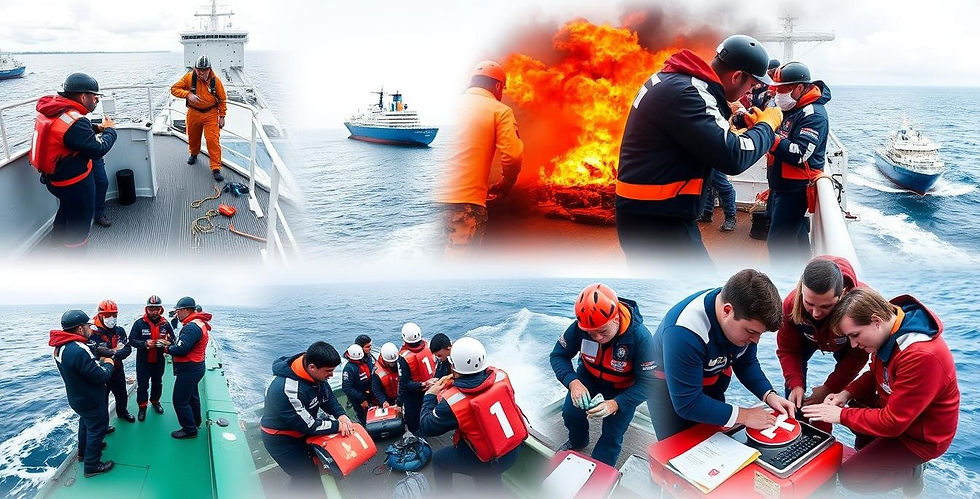 A collage of diverse seafarers engaged in various mandatory STCW training courses, including safety drills on a ship deck, fire-fighting exercises, survival at sea scenes, and first aid demonstrations