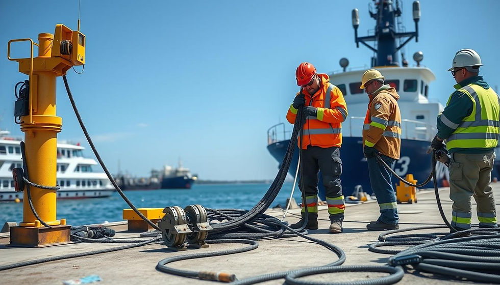 An industrial scene depicting a thorough inspection of mooring lines on a dock, showcasing detailed equipment and tools used for monitoring, with marine vessels in the background, and workers in safety gear examining the mooring setup under clear blue skies.