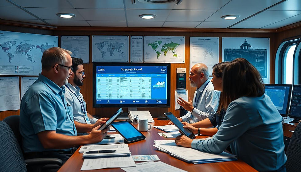 A ship office scene showing a group of maritime professionals reviewing and updating documents related to the Continuous Synopsis Record (CSR)