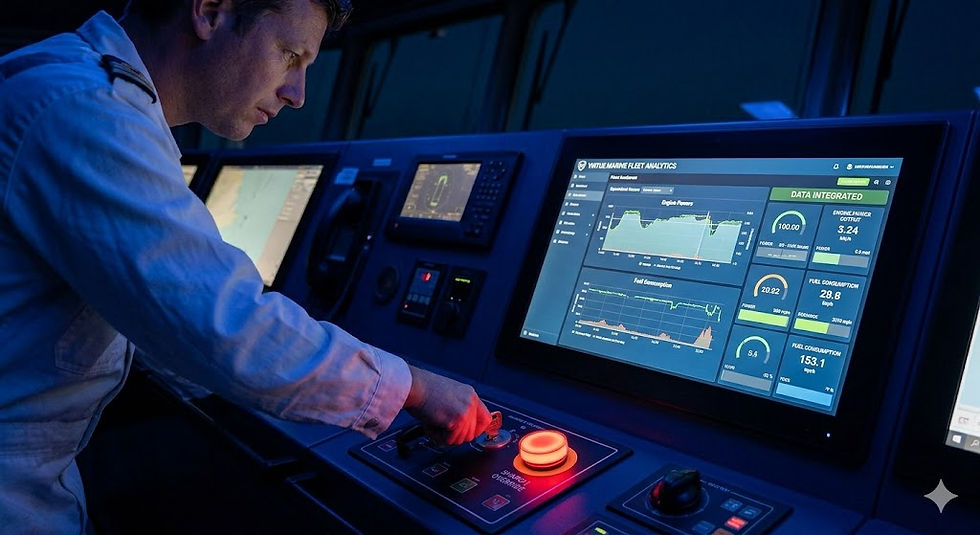 The Chief Officer closely monitors ShaPoLi data on the ship's advanced analytics system, ensuring optimal performance and efficiency.