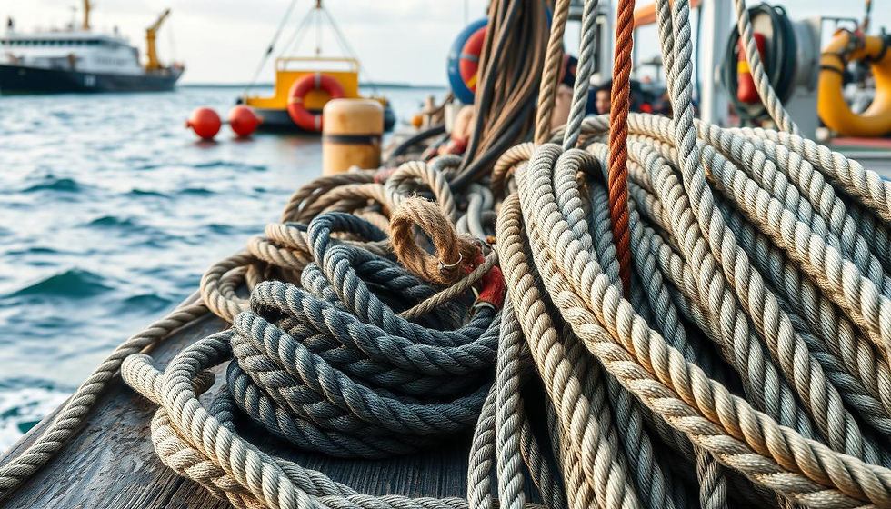 A detailed depiction of mooring lines in a marine environment, showcasing various types of ropes and cables arranged neatly on a dock, with a background of ships and buoys
