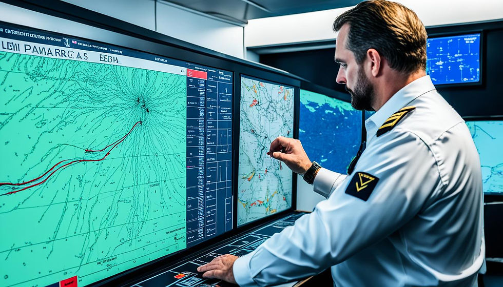 A ship navigator meticulously plans a voyage using advanced digital mapping technology on multiple screens.